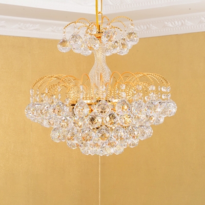 Tiered Dining Table Suspension Light Contemporary Crystal Orbs 6 Bulbs Gold Chandelier