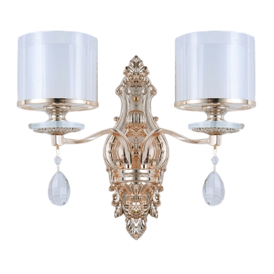 Traditional 2-Tier Cylinder Wall Mounted Light 2 Heads Clear and White Glass Shade Wall Lamp Fixture in Gold