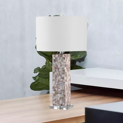 Traditional Cuboid Night Table Lamp 1 Head Shell Desk Light with Drum Fabric Shade in White