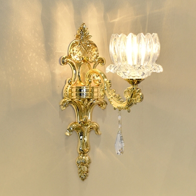 Traditional Lotus Wall Light Fixture 1/2-Bulb Crystal Sconce Lighting in Gold for Living Room