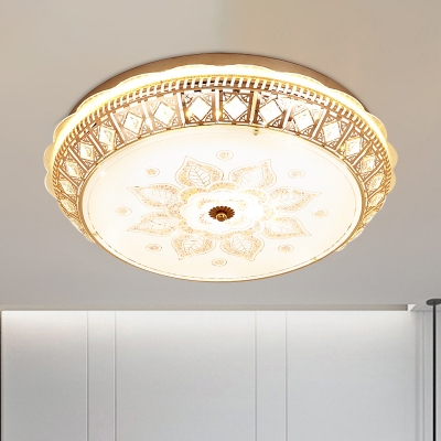 White Glass Bowl Ceiling Flush Mount Antiqued Bedroom LED Flush Mount Light Fixture in Gold