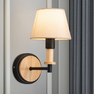 1-Light Black/White Barrel Wall Lighting Contemporary White/Beige Fabric Wall Mounted Lamp with Straight Arm