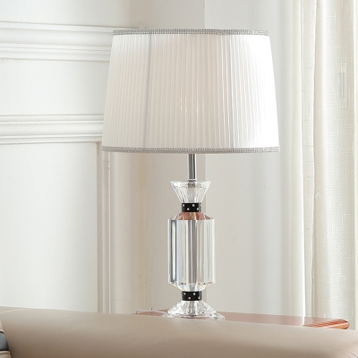 1 Light Nightstand Light Contemporary Drum Pleated Fabric Shade Night Table Lamp in White/Blue with Crystal Base