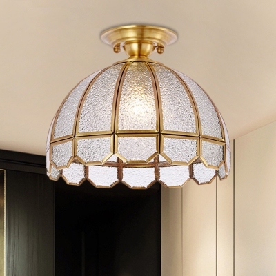 1-Light Semi Flush Light Colonial Domed Opaline Glass Close to Ceiling Lighting in Brass
