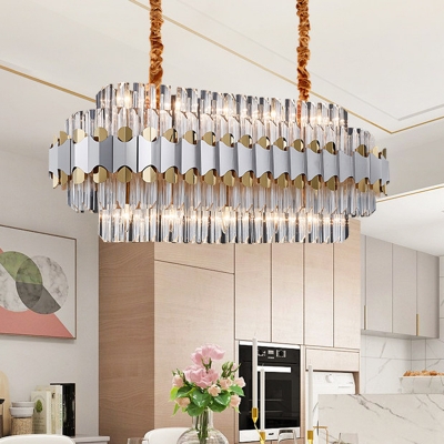 10-Head Fluted Crystal Hanging Pendant Modern Silver 2 Layers Oblong Dining Room Island Lighting