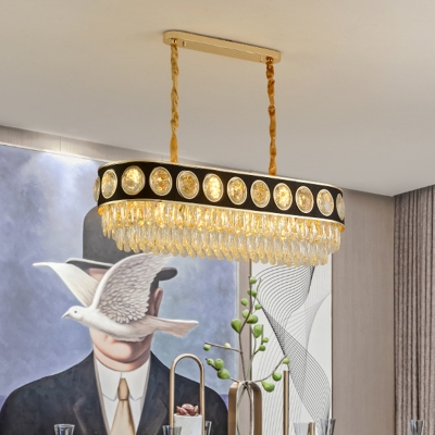 2-Tier Oblong Crystal Island Light Modernist 10-Light Dining Room Hanging Pendant in Black
