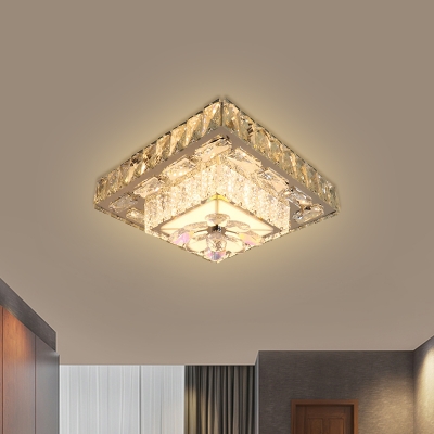 2-Tier Square Corridor Ceiling Lamp Modern Beveled Crystal Stainless Steel LED Flush Light Fixture