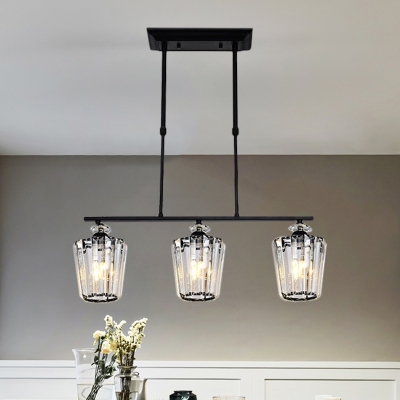 3/4 Bulbs Dining Room Island Light Contemporary Black Ceiling Pendant with Conical Clear Crystal Shade