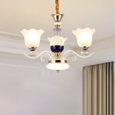 3/6 Heads Hanging Light Fixture Traditional Scalloped Frosted Glass Ceiling Suspension Lamp in White