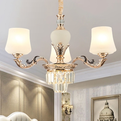 3/6 Lights Chandelier Pendant Light Traditional Tapered Crystal Ceiling Lamp in Gold with White Glass Shades
