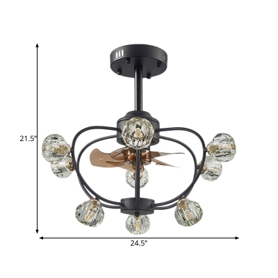 5 Blades 9 Bulbs Flush Ceiling Fan Rural Living Room Semi Flush Light with Ball Faceted Crystal Shade in Black, 24.5