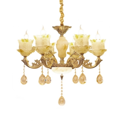 6-Bulb Candle Chandelier Light Fixture Traditional Brass Frosted Glass Suspension Lighting with Crystal Accent