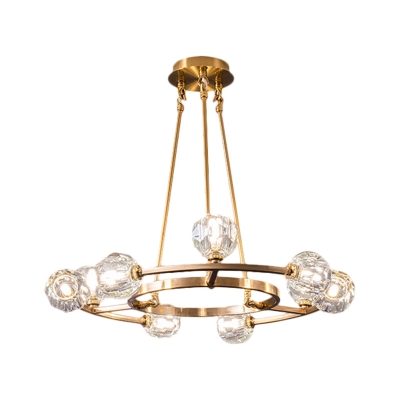9-Light Cut Crystal Ball Chandelier Postmodern Gold Circular Dining Room Ceiling Pendant