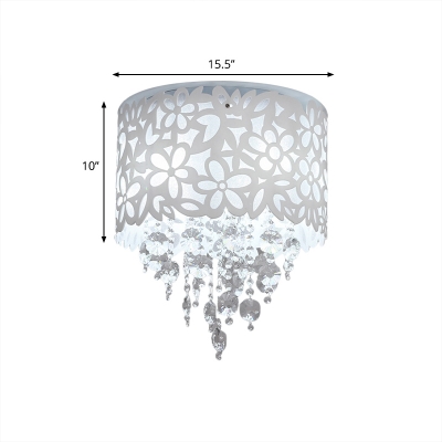 Acrylic White Flush Light Fixture Cylindrical Hollowed Out 4-Light Modern Ceiling Lighting with Crystal Drop