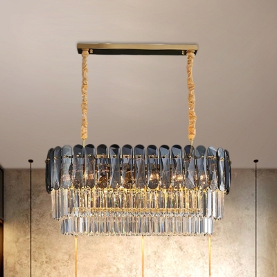 Amber/Smoke Gray Ellipse Island Pendant Modern 12 Lights Rectangle-Cut Crystal Suspension Lamp