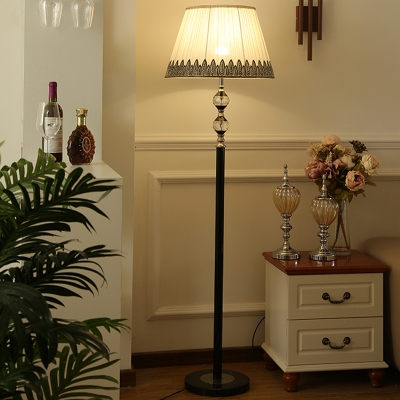 Barrel Shade Floor Lighting Modernism Pleated Fabric 1 Light Black Floor Lamp with Crystal Orbs Stand