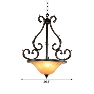 Bell Frosted Glass Hanging Lamp Traditional 3 Bulbs Dining Room Drop Pendant with Scroll Arm in Bronze
