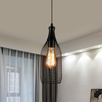 Bottle Cage Iron Hanging Light Kit Industrial 1 Head Restaurant Suspension Lamp in Black