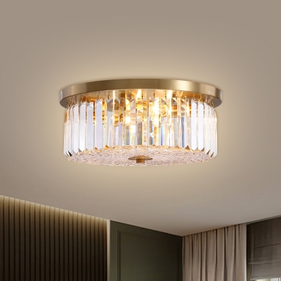 Brass Drum Flush Mount Fixture Contemporary Crystal Block 4 Lights Ceiling Lamp for Drawing Room