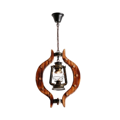 Bronze Lantern Shape Suspension Light Antiqued 1 Head Metal Pendant Lamp with Wood Frame