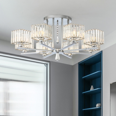 Chrome 6/8-Bulb Semi Flush Chandelier Modern Clear Crystal Rectangle Flush Ceiling Light