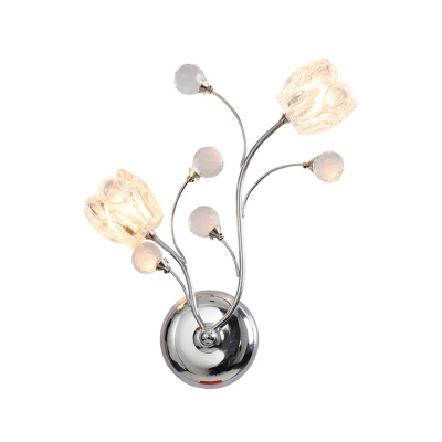 Chrome Blossom Wall Mounted Lamp Modern Style 2 Bulbs Clear Crystal Sconce Light Fixture for Bedroom
