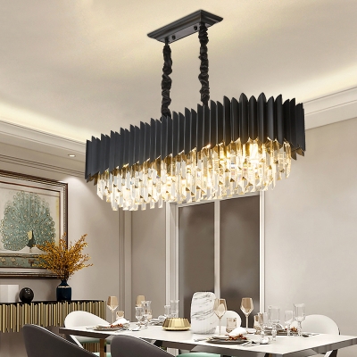 Contemporary 6/8 Lights Island Lamp with Crystal Prisms Shade Black Ellipse Hanging Lamp Kit for Restaurant