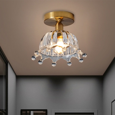 Crown Clear Glass Semi Flush Light Rustic Style 1 Head Bedroom Close to Ceiling Lighting in Brass