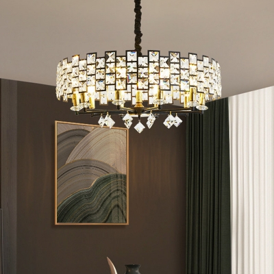 Cut Crystal Round Pendant Chandelier Contemporary 8/12-Light Living Room Hanging Lamp in Black