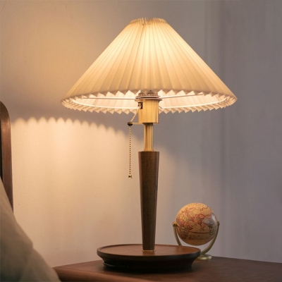 Dark Wood Single Nightstand Lamp Rustic Pleated Fabric Coolie Shade Table Light with Pull Chain