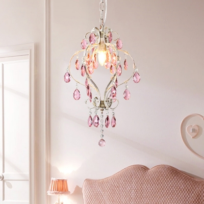 Distressed White 1 Bulb Pendant Traditional Metal Scroll Arm Ceiling Hang Fixture with Pink Crystal Drip Decor