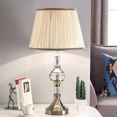 Drum/Conical Living Room Night Lamp Traditional Fabric 1 Light Beige Nightstand Lighting with Crystal Base