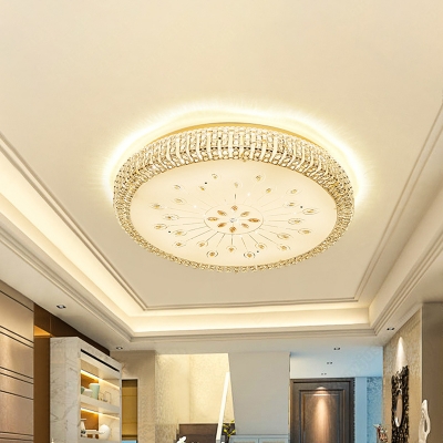 Drum Crystal LED Flush Mount Lighting Contemporary Gold Close to Ceiling Lamp with Floral Design