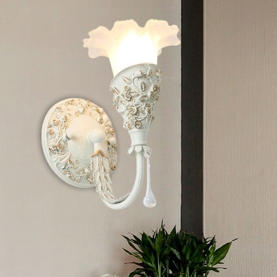 Flower White Glass Wall Lighting Rural Style 1 Bulb Bedroom Wall Mounted Light in Silver/Ivory