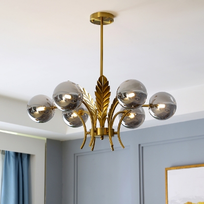 Global Living Room Hanging Light Kit White/Pink/Cognac Glass 6-Light Post Modern LED Chandelier with Leaf Deco in Brass