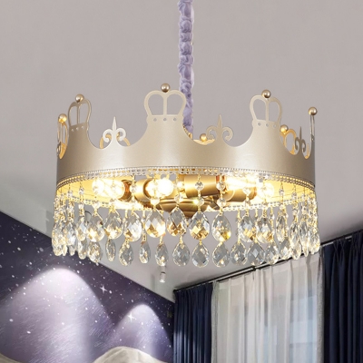Metal Gold Pendant Light Crown Shaped 6 Bulbs Modernist Chandelier with Crystal Fringe
