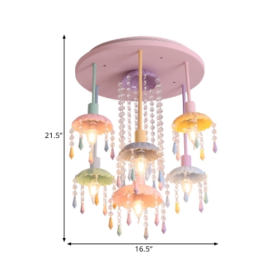 Modern Dome Semi Flush Chandelier Metal 7-Light Kids Room Multi Light Pendant with Crystal Droplets
