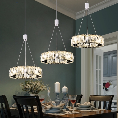 Modern Style Drum Multi Light Chandelier Faceted Crystal Dining Room LED Hanging Lamp Kit in Stainless-Steel