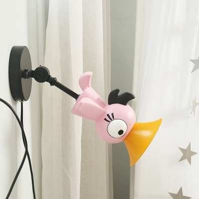 Pink Bird Wall Light Fixture Cartoon LED Metallic Wall Mount Lamp with Adjustable Arm