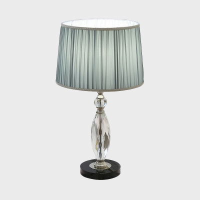 Pleated Fabric Grey/Blue Table Light Drum Shade 1 Light Modernism Crystal Nightstand Lamp