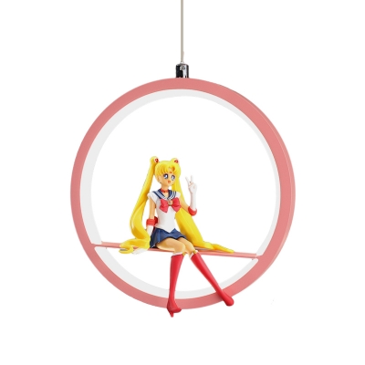 Round Down Mini Pendant Kids Style Metal LED Bedside Ceiling Hang Fixture in Pink/Blue with Cartoon Figure Deco
