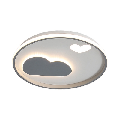 Round Metallic Flush Mount Light Kids Black/White LED Flushmount Lighting with Cloud and Heart Detail in Warm/White Light