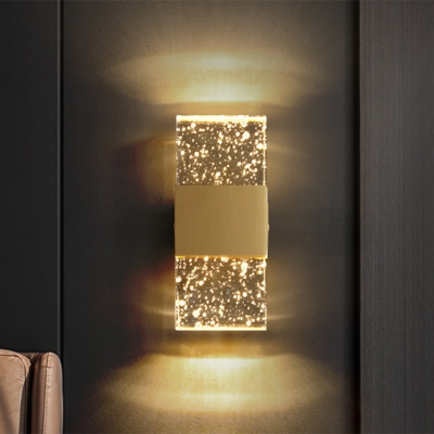 Simple Rectangle Wall Light Clear Seedy Crystal LED Wall Sconce in Brass for Bedroom