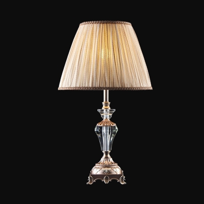 Tapered Parlour Nightstand Light Contemporary Pleated Fabric 1-Head Beige Table Lamp with Crystal Font