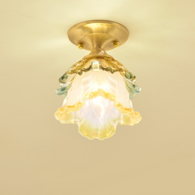 Traditional Blossom Ceiling Flush 1 Head Yellow and Green Glass Flush Mount Light in Brass
