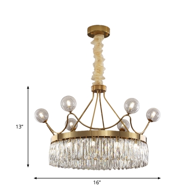 13 Heads Crown Pendant Chandelier Postmodern Gold Cut Crystal Hanging Lamp with Ball Crackle Glass Shade