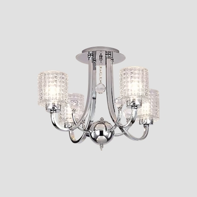 3/4/6-Bulb Restaurant Ceiling Light Modern Chrome Semi Flush Chandelier with Cylinder Crystal Prisms Shade