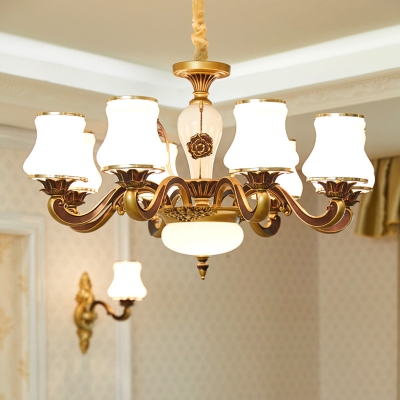 6/8 Bulbs Ceiling Pendant with Cone Shade Milk Glass Traditional Bedroom Hanging Light Fixture in Brass