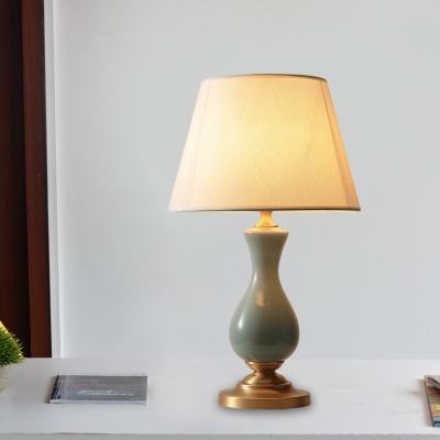 Barrel Fabric Night Table Lamp Colonial LED Living Room Reading Light in Green with Brass Base