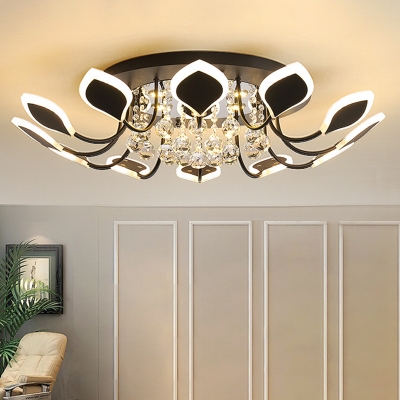 Black/White Leaf Ceiling Flush Light Modern Acrylic 10/12-Bulb Parlor Flushmount in Warm/White Light with Crystal Drop